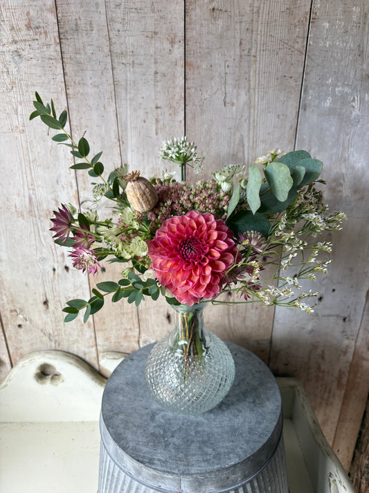 Diamond Shapes. Patterned Decanter Bud Vase + Flowers