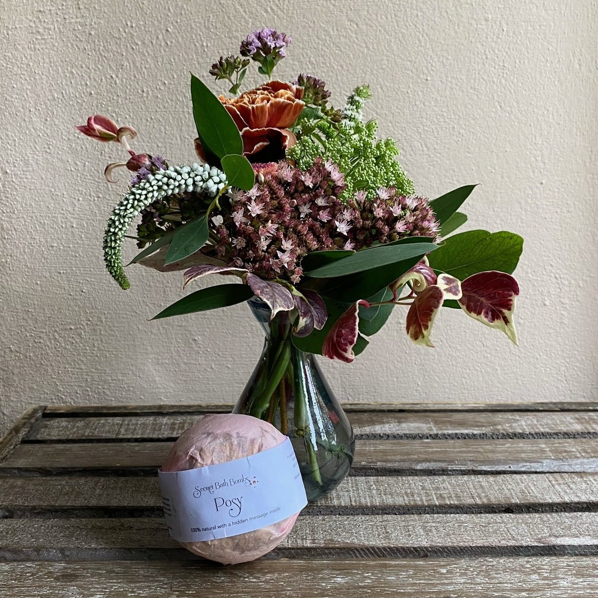 Recycled Glass Vase With Posy and Secret Bath Bomb Gift Box