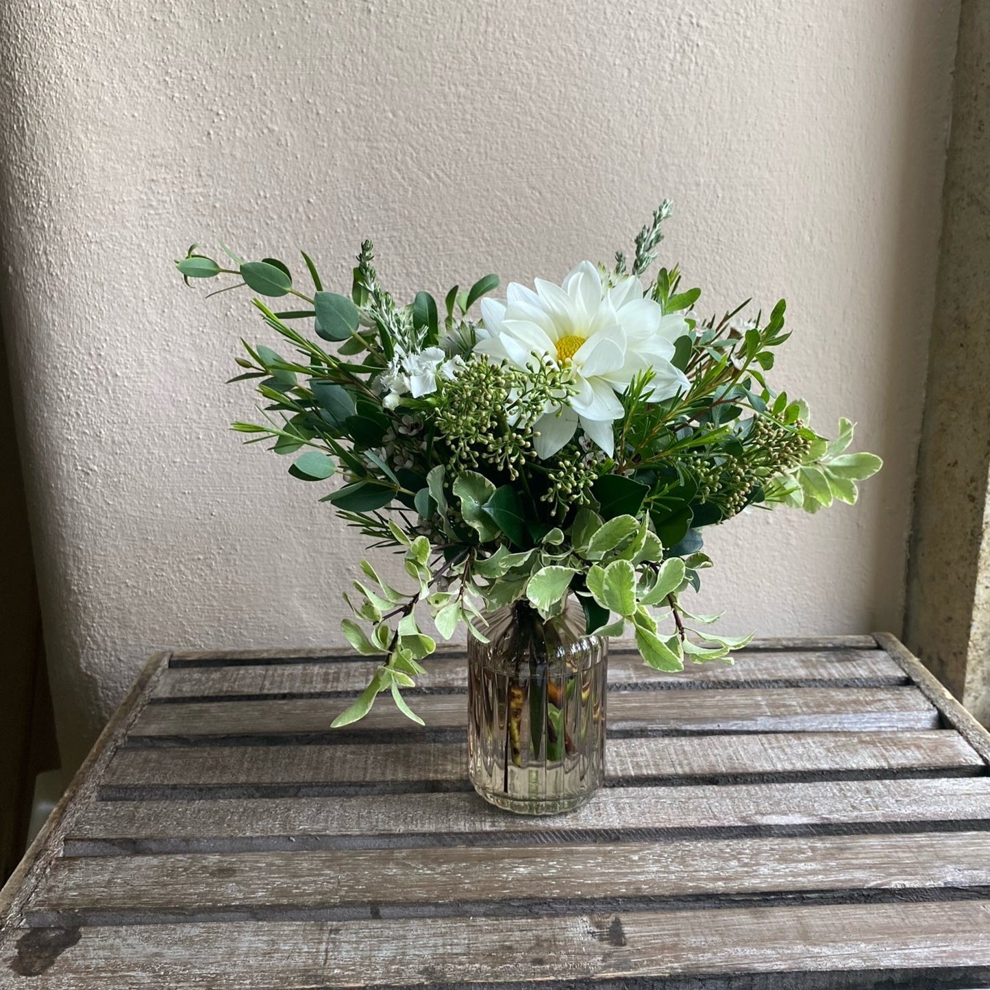 Champagne Rib Vase (approx 10 cms) including a posy of seasonal flowers