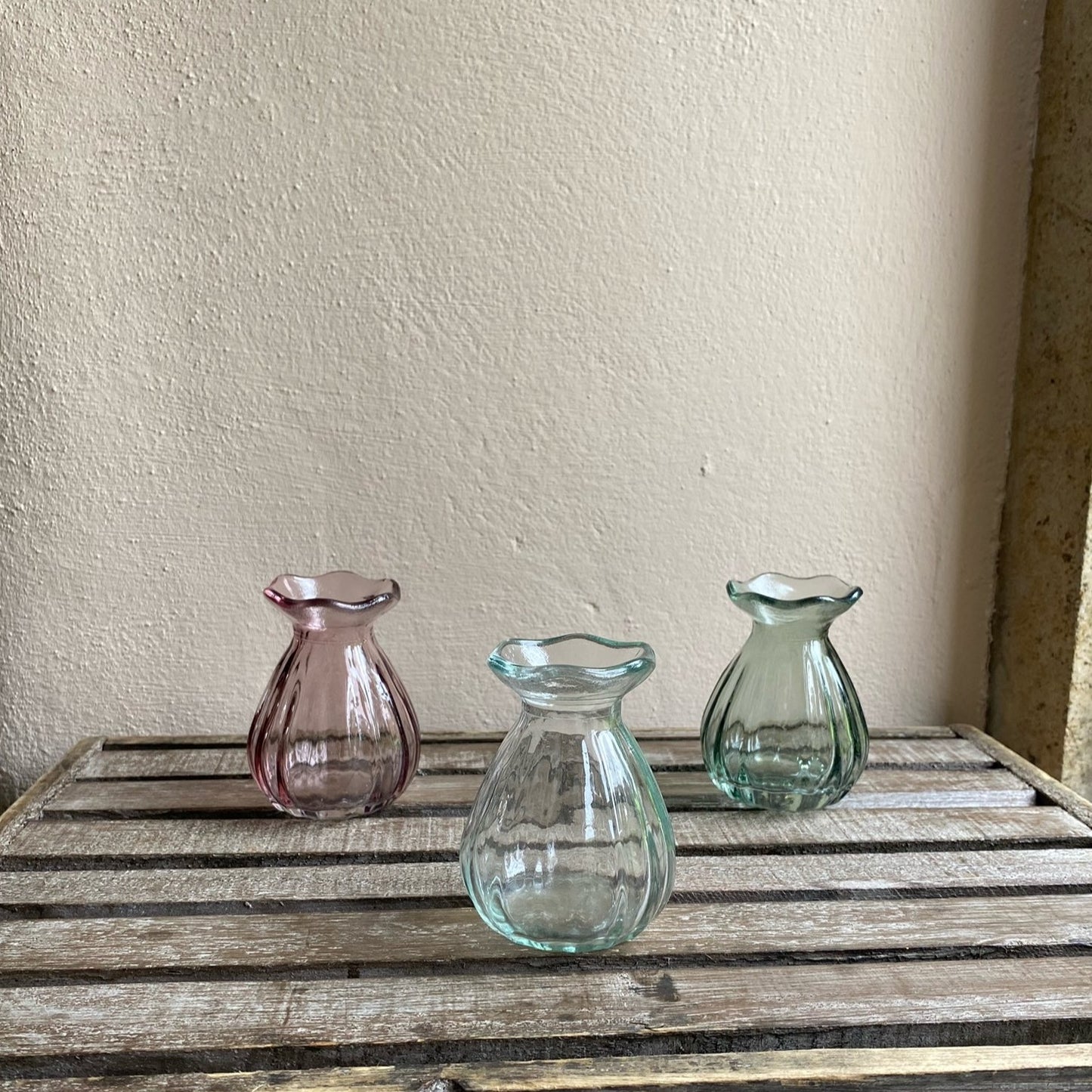 A Trio of Pretty Bud Vases in delicate pink, green and clear glass - including a posies of seasonal flowers