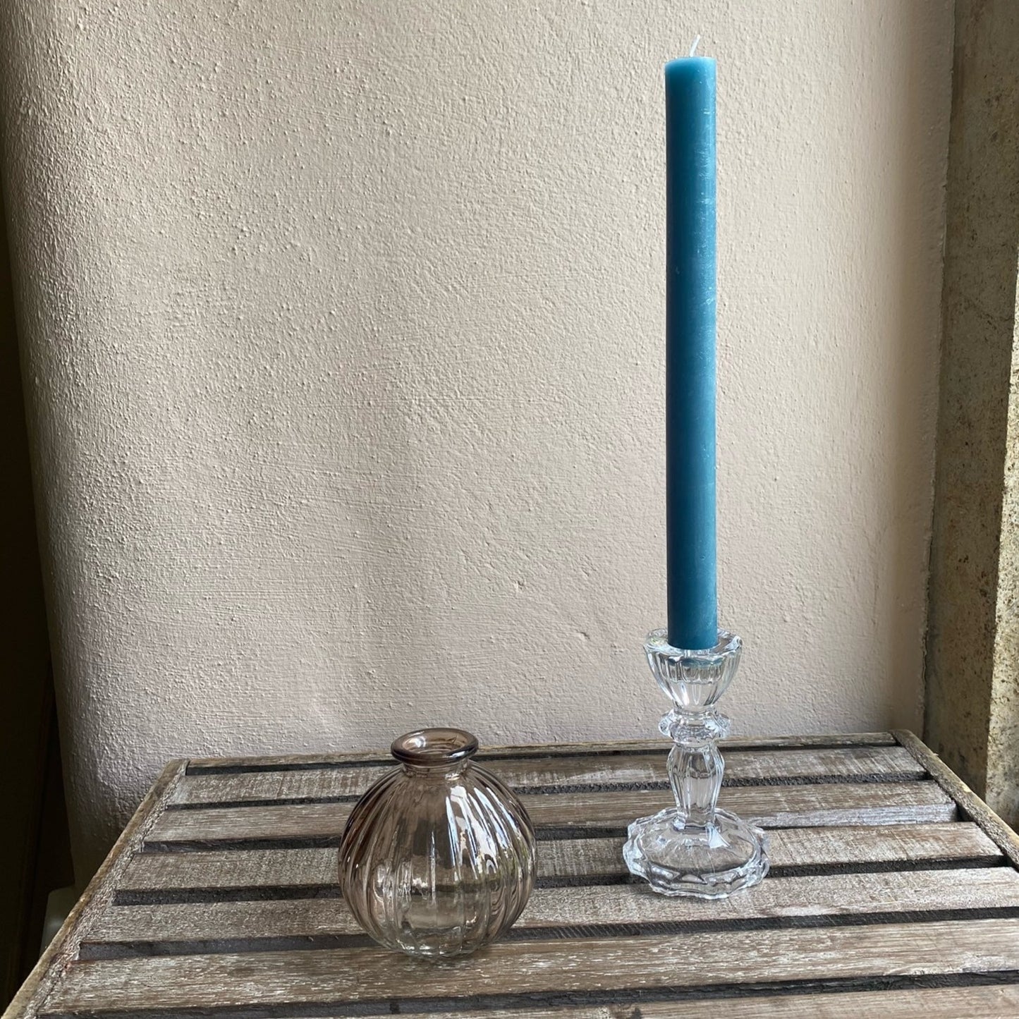 Champagne Ribbed Glass Bud Vase with pretty glass candlestick & teal candle Gift Box - including a posy of seasonal flowers