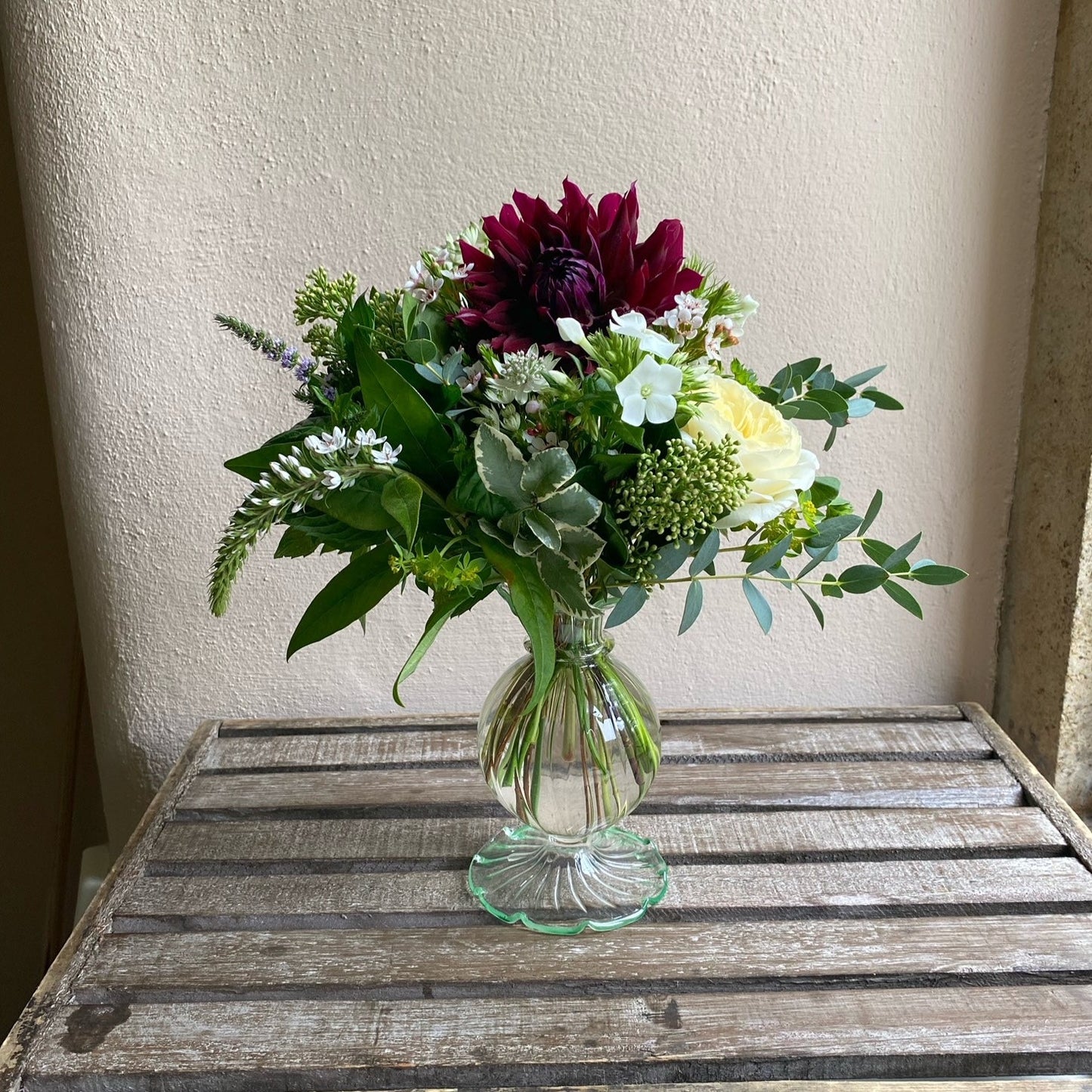 Delicate, Ruffled Glass Bud Vase with a Green Rim - including a posy of seasonal flowers