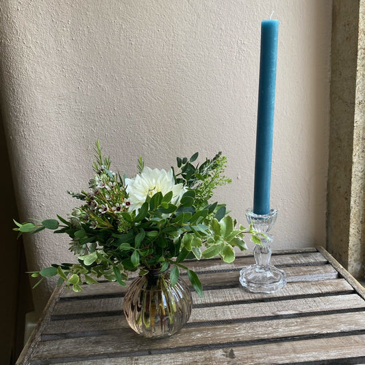 Champagne Ribbed Glass Bud Vase with pretty glass candlestick & teal candle Gift Box - including a posy of seasonal flowers