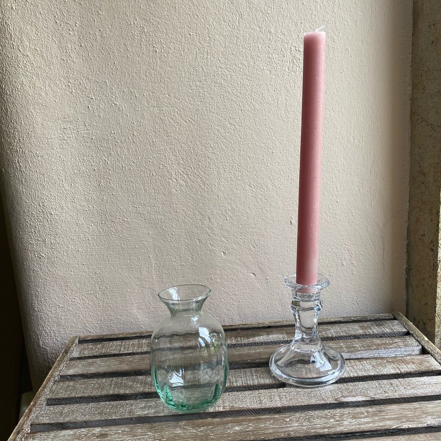 Clear Ripple Bud Vase with pretty glass candlestick & blush pink candle Gift Box - including a posy of seasonal flowers