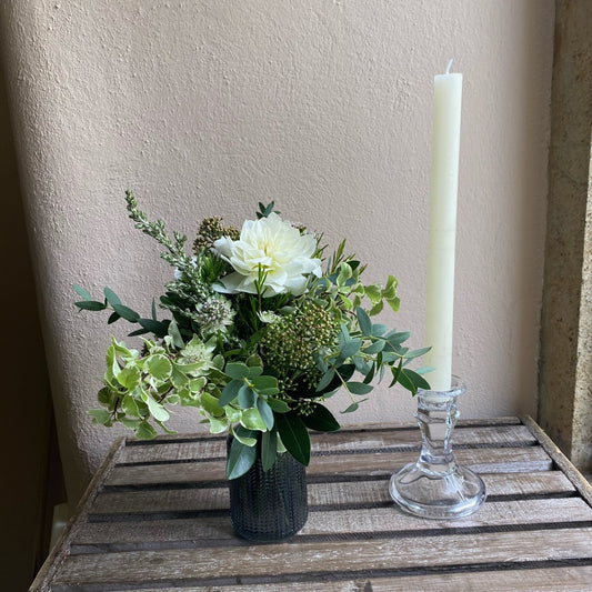 Slate Feathered Glass Bud Vase with pretty glass candlestick & ivory candle Gift Box - including a posy of seasonal flowers