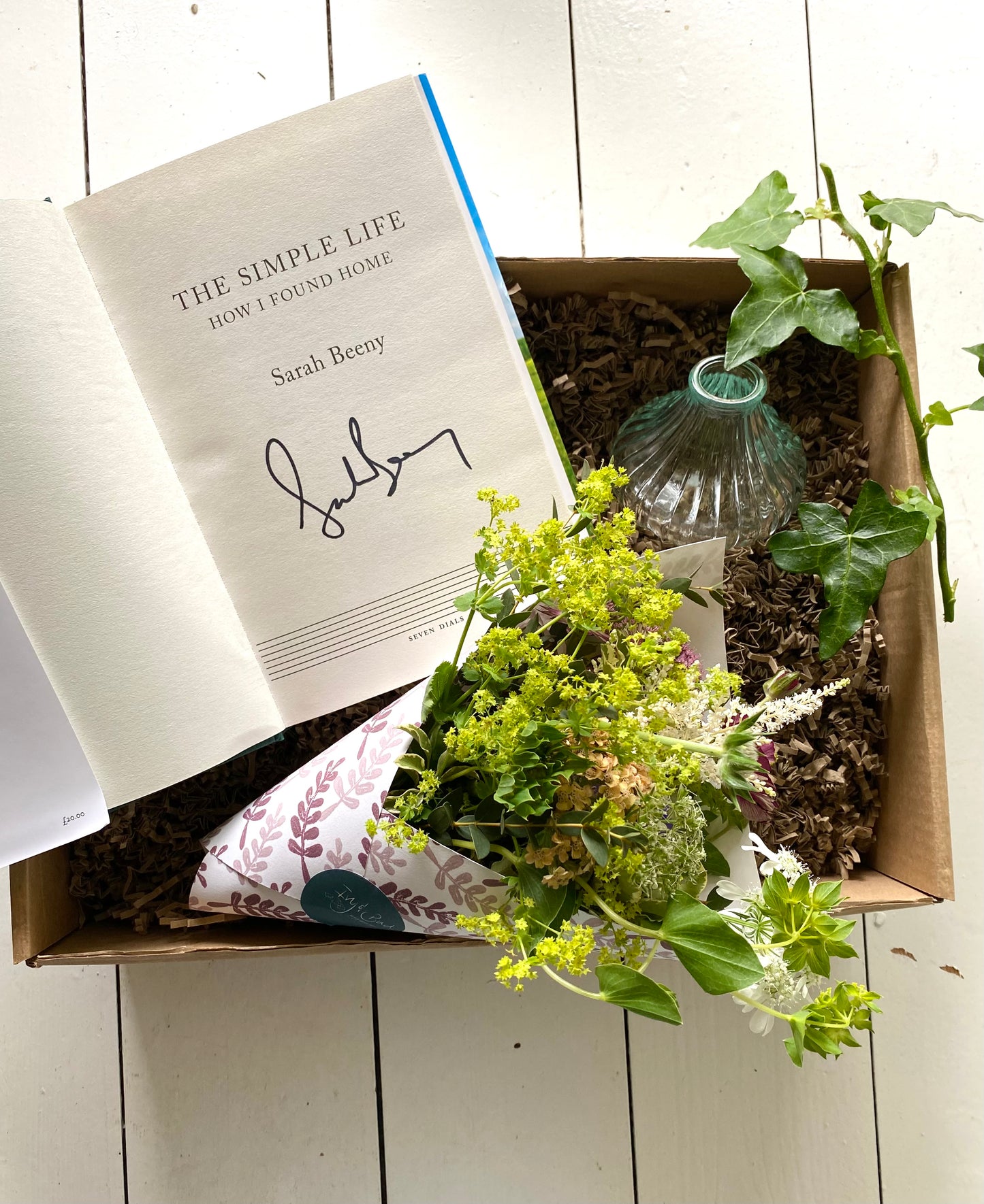 The Simple Life Gift Box - including a clear shell bud vase with a posy of seasonal flowers