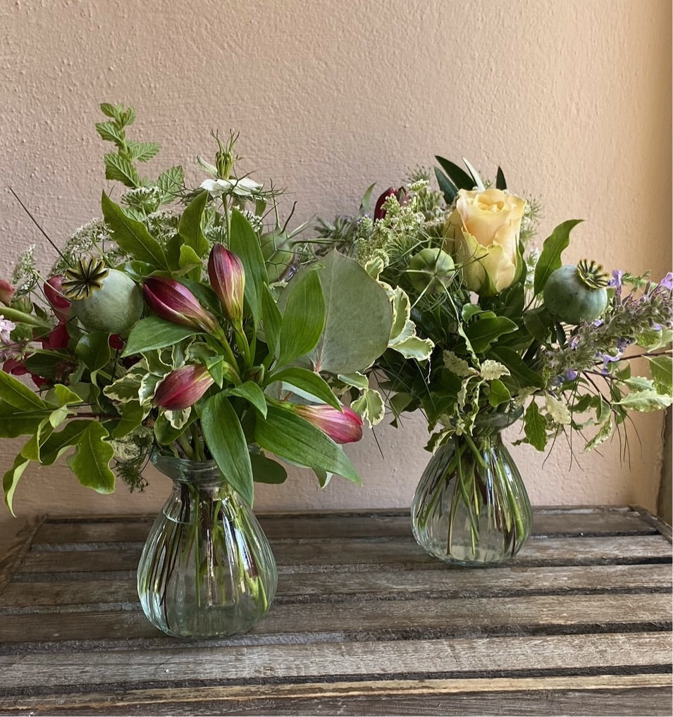 Clear Posy Bud Duo of Vases including posy of flowers